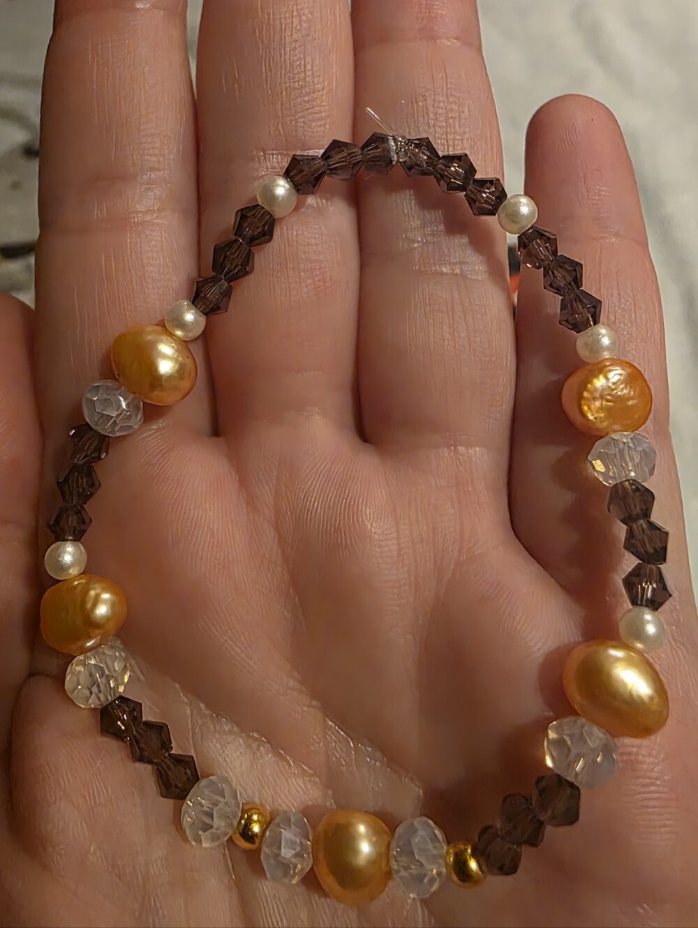 Handcrafted Orange Button Pearl & Smoky Purple Stretch Bracelet